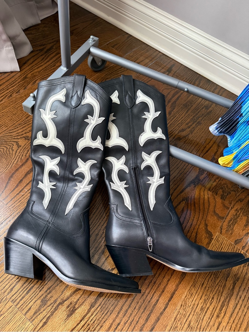 Dolce Vita Black Heeled Western Mid-Calf Boots with White Embroidery